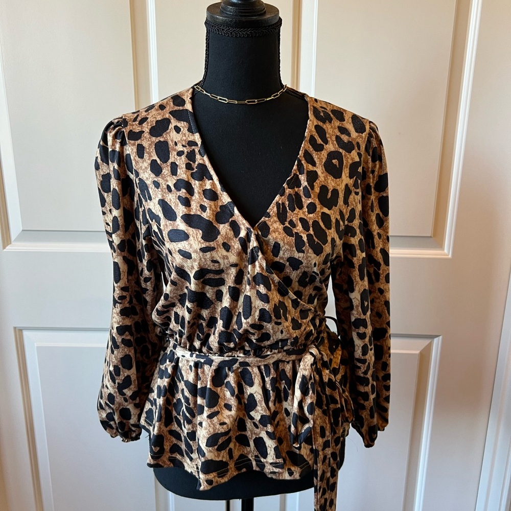 Animal Print Wrap Front Peplum Top